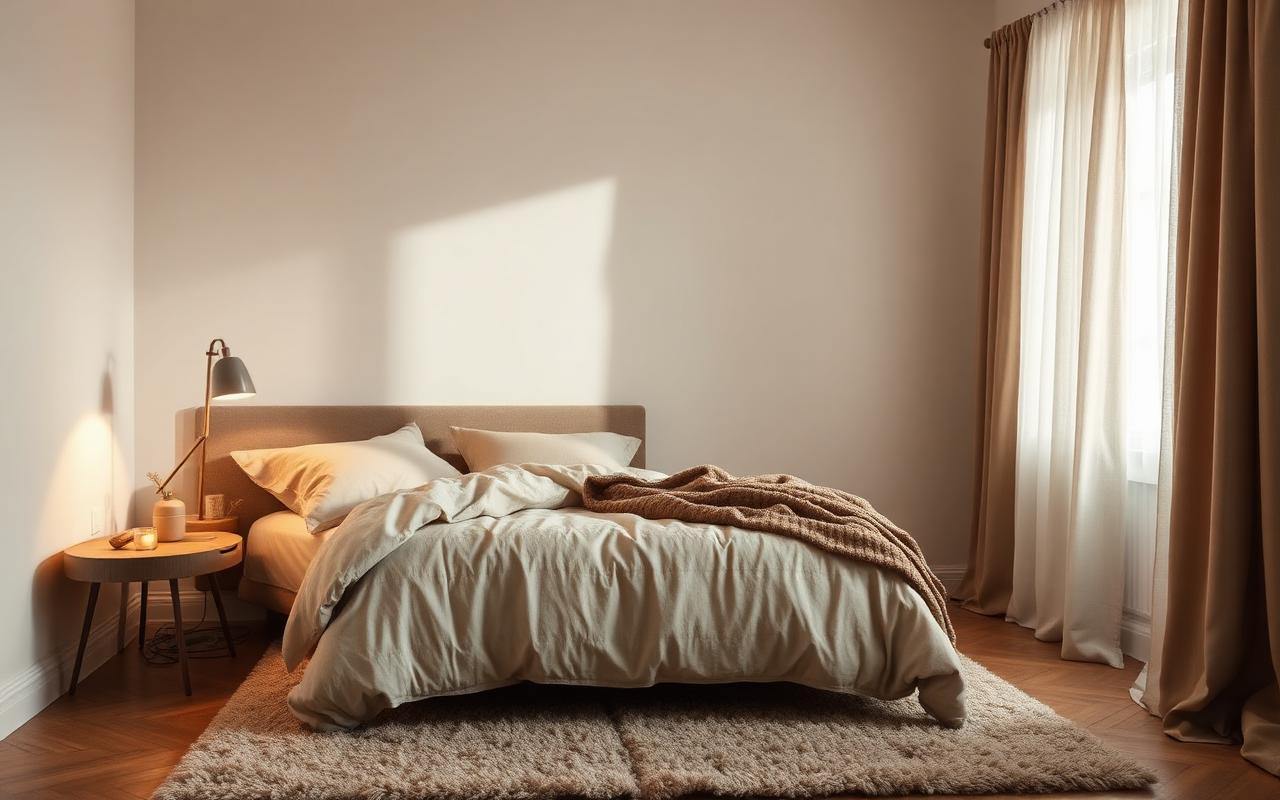 Cozy neutral bedroom with linen bedding, wool throw, warm bedside lamp and floor-length drapes
