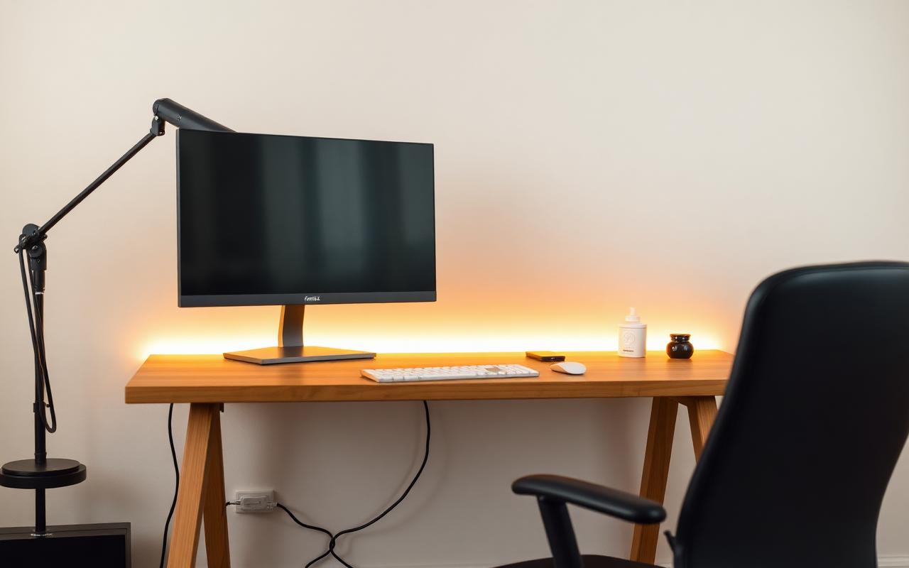 Minimal wooden desk with a monitor on a riser, warm LED light bar and hidden cable management