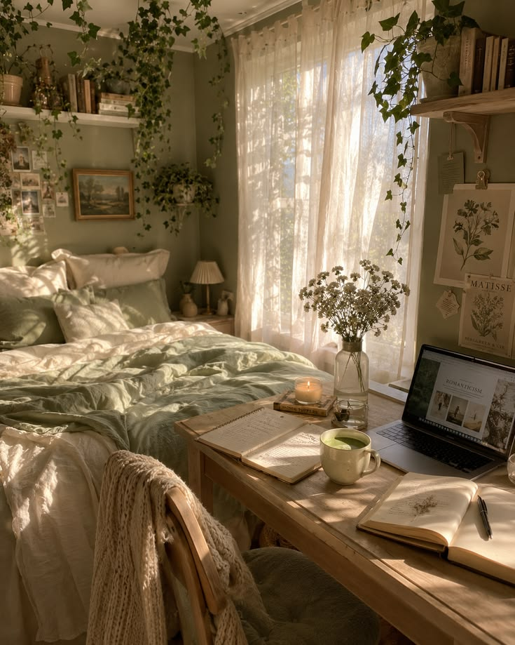 Sage green bedroom workspace with hanging ivy, a wooden desk, open journals and a matcha latte in soft daylight
