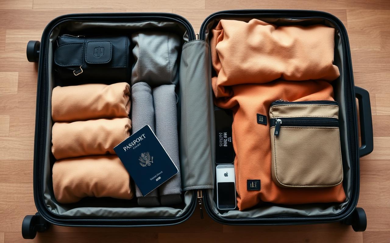 Open carry-on suitcase with compression packing cubes, folded neutral clothes, passport and a tech pouch